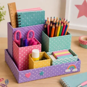 Schreibtisch Organizer aus kleinen Kartons
